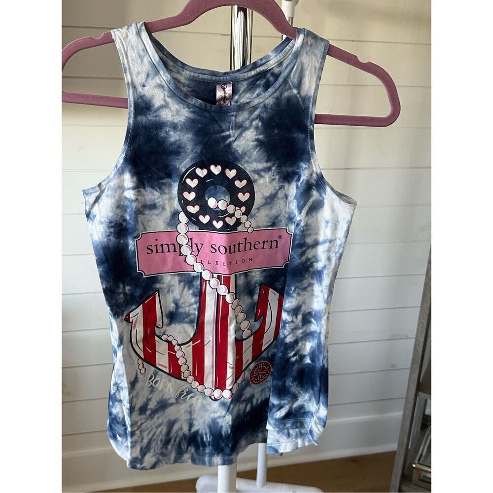 Simply Southern tie dyed‎ anchor pearls tank top sz small